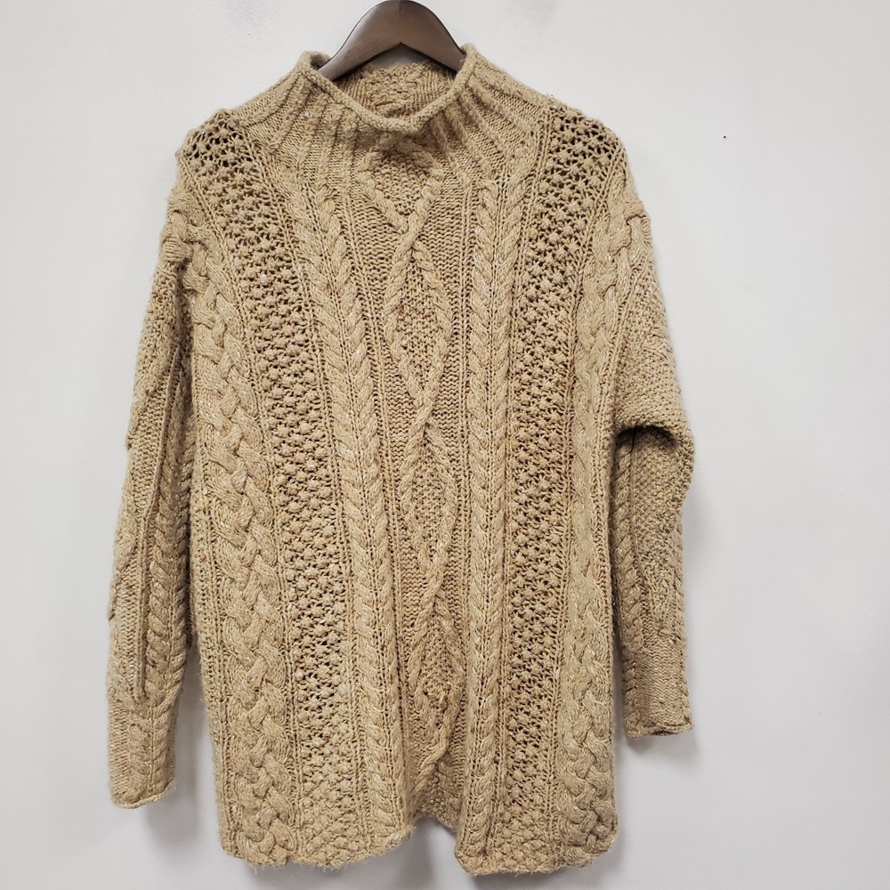 Express Tricot Vtg Roll Neck Sweater M Hand Knit Fisherman Cable Knit Cabincore